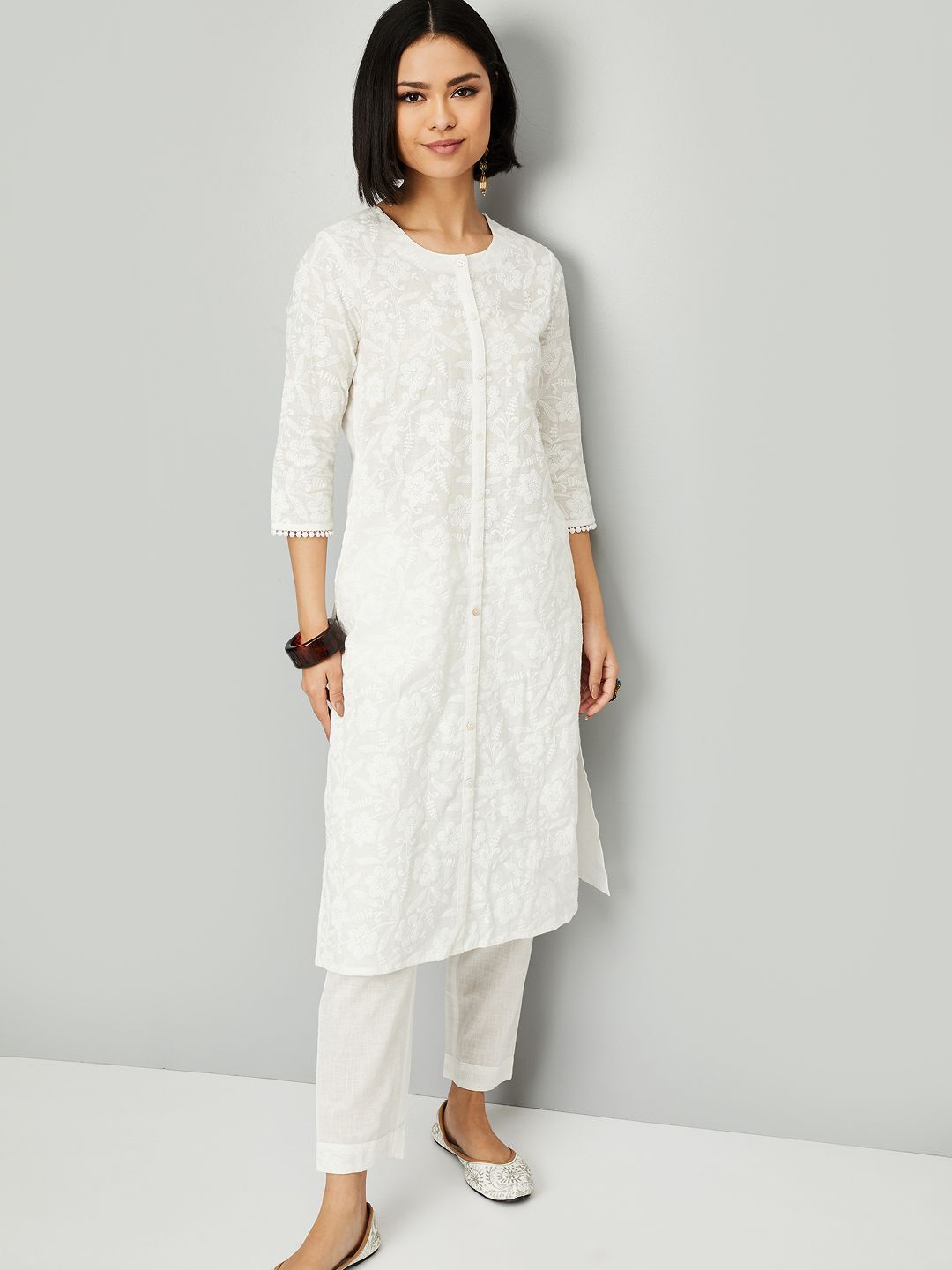 

max Floral Embroidered Round Neck Thread Work Kurta With Trousers, Beige