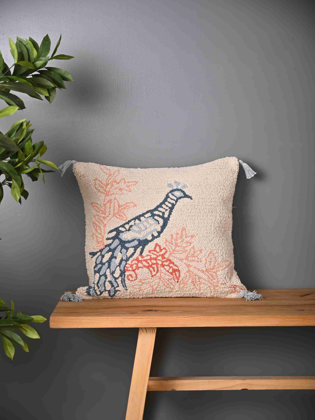 

SANSKRUTIHOMES Beige & Blue Embroidered Cotton Square Cushion Cover