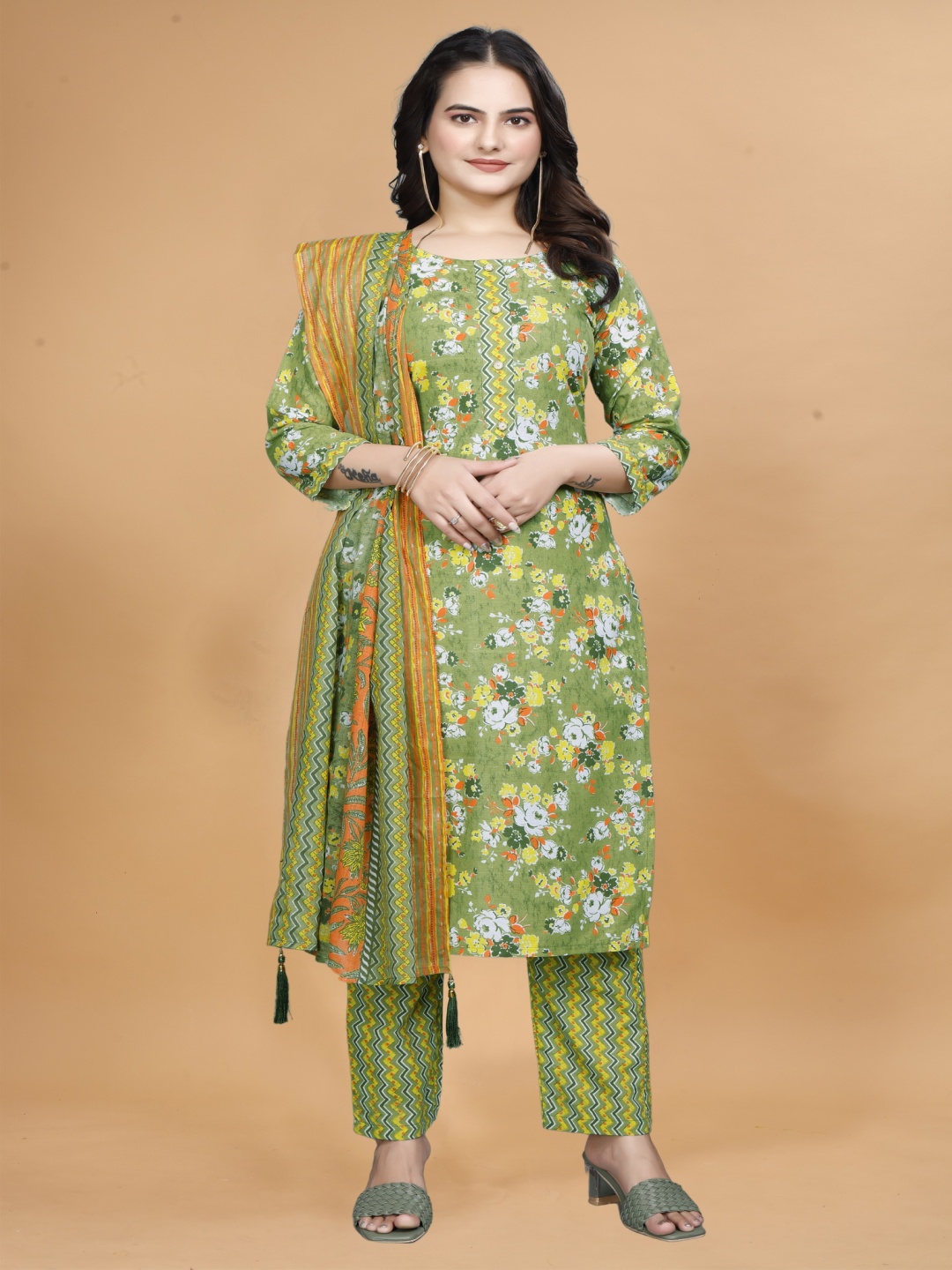 

Divyadham Textiles Floral Printed Pure Cotton Straight Kurta With Trouser & Dupatta, Green