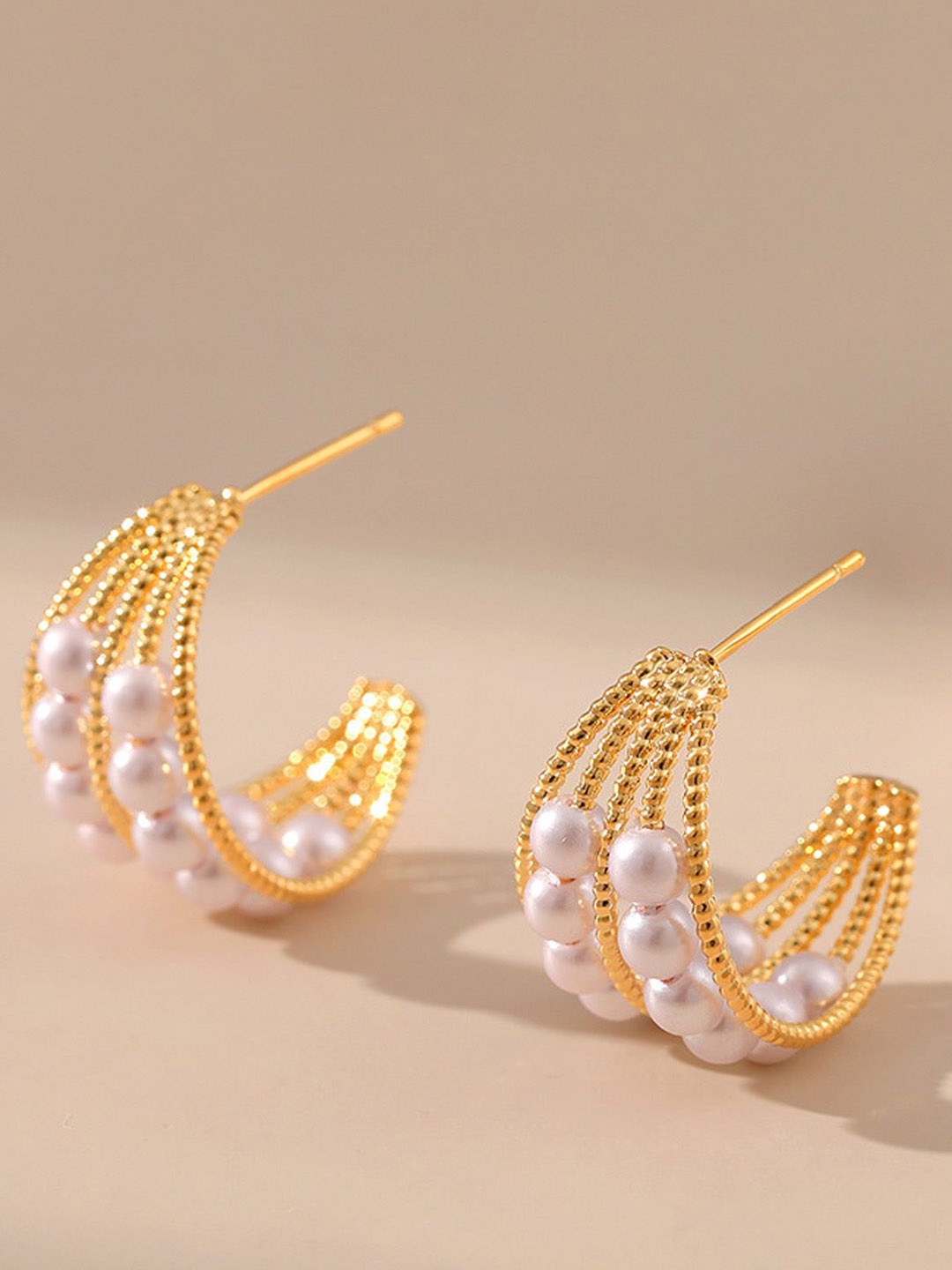 

Just Lil Things Pearls Studded Contemporary Half Hoop Earrings, Gold