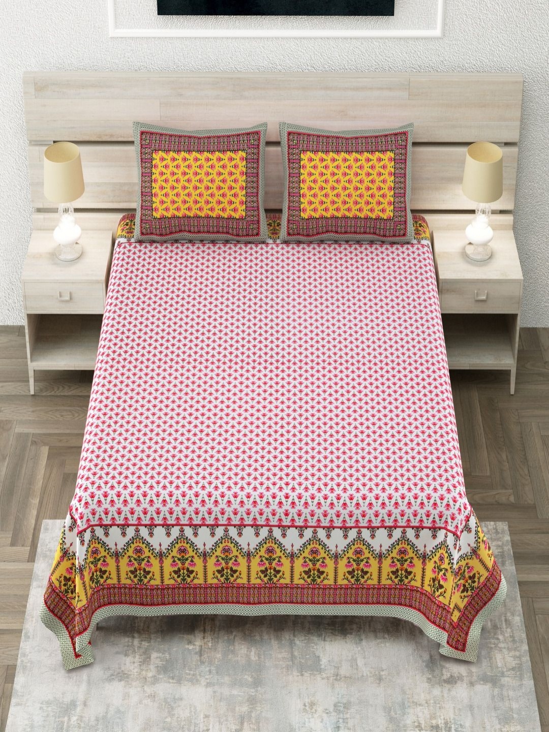 

Aapno Rajasthan Pink & Mustard Geometric 144 TC King Bedsheet with 2 Pillow Covers