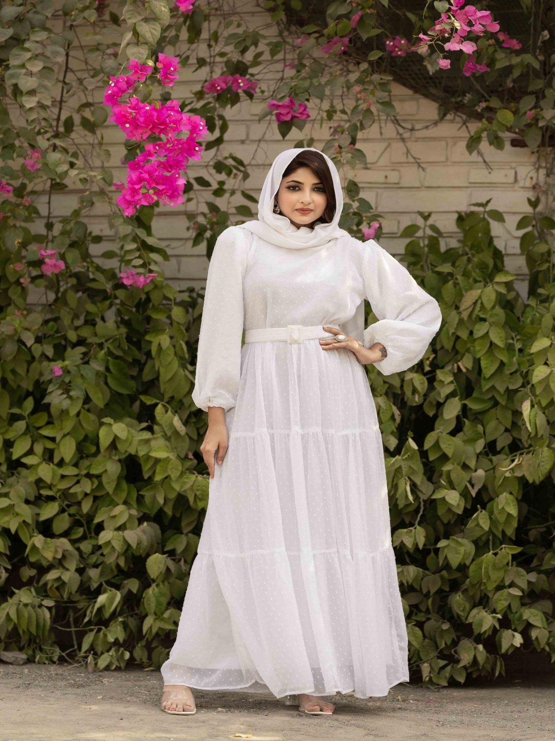 

SARINKU Georgette Puff Sleeves Tiered Fit & Flare Maxi Dress, White