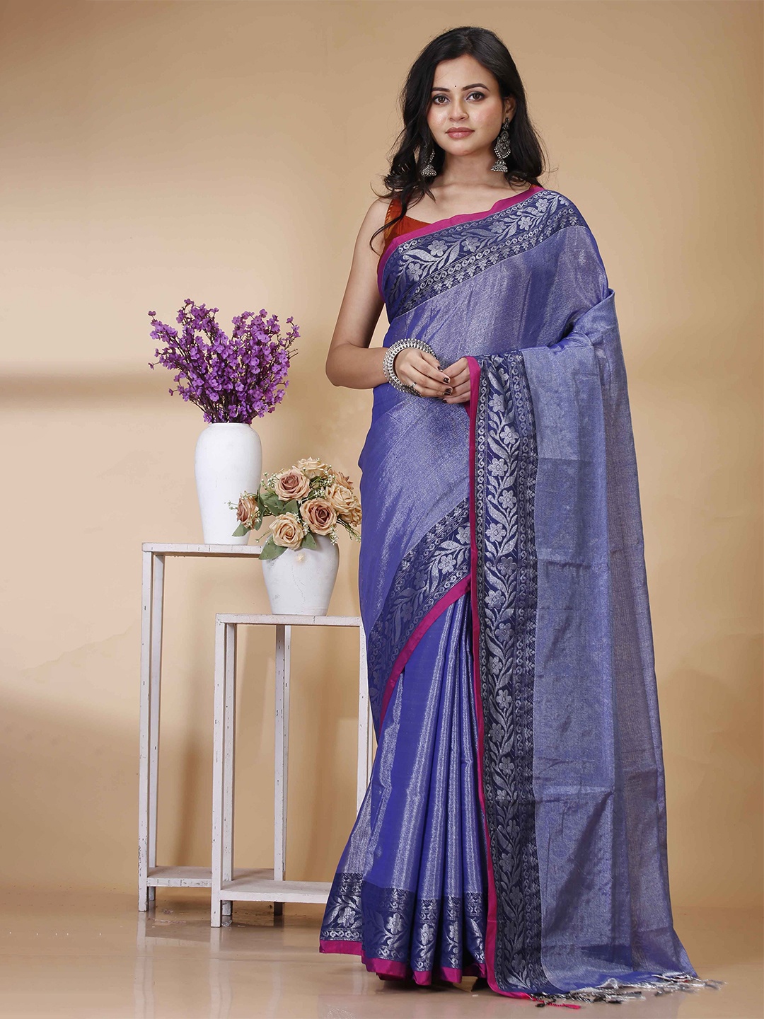 

SRILOK Zari Tissue Khadi Saree, Purple