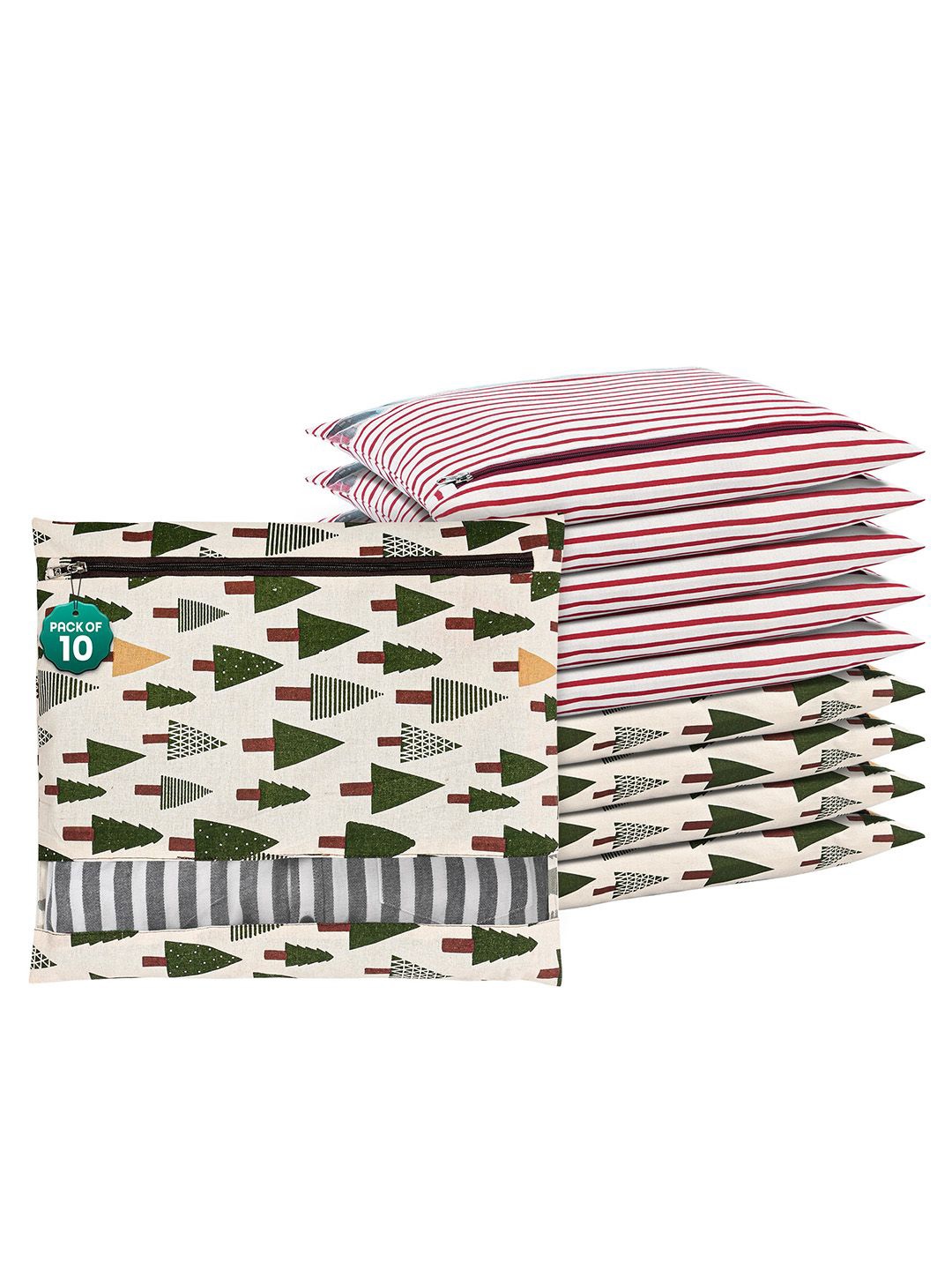 

Kuber Industries Green and Off-White 10 Pieces Printed Cotton Drawer Organisers