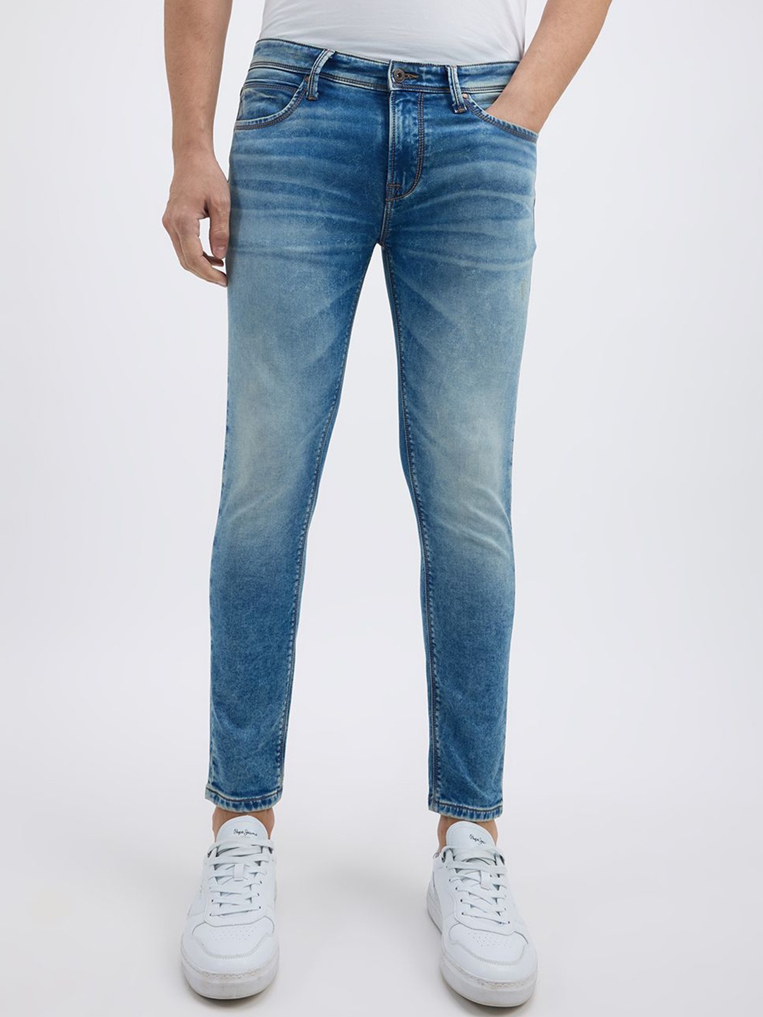

Pepe Jeans Men Oliver Whiskers and Chevrons Skinny Fit Heavy Fade Jeans, Blue