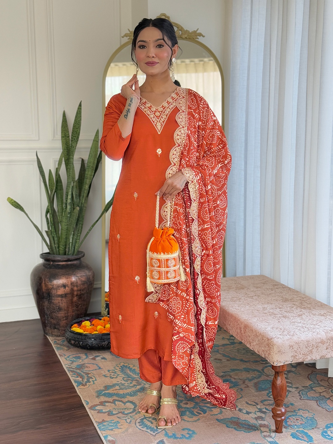 

Navlik Floral Embroidered Straight Kurta With Trouser And Dupatta, Orange