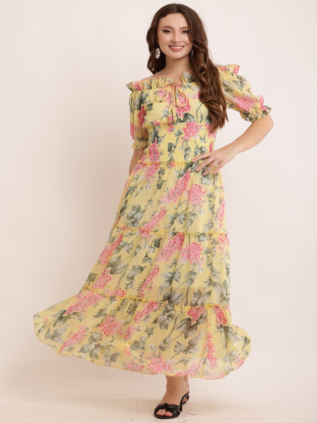 

BAESD Women Floral Printed Off-Shoulder Puff Sleeve Georgette Fit & Flare Maxi Dress, Yellow