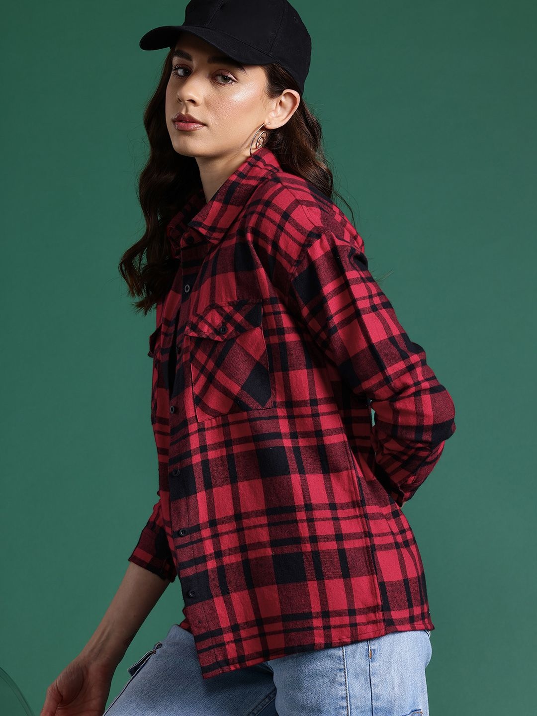 

DressBerry Women Classic Fit Spread Collar Tartan Checked Cotton Casual Shirt, Red