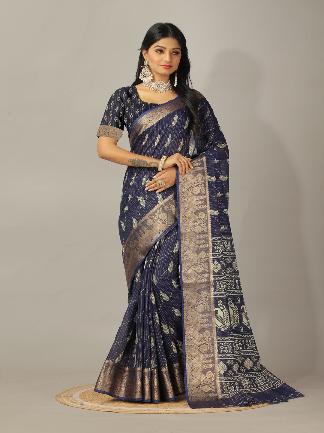 

NIRMAL CREATION Ethnic Motifs Printed Zari Pure Cotton Saree, Navy blue