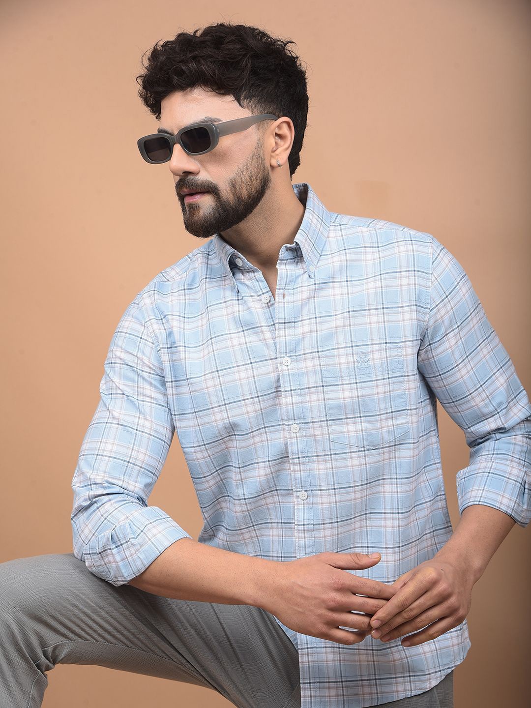 

Crimsoune Club Men Premium Slim Fit Button-Down Collar Tartan Checked Cotton Casual Shirt, Blue