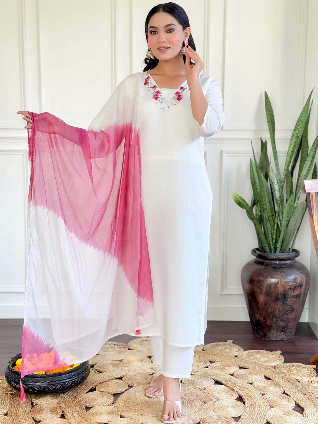 

KALINI Floral Embroidered V-Neck Chanderi Silk Kurta With Trouser And Dupatta, White