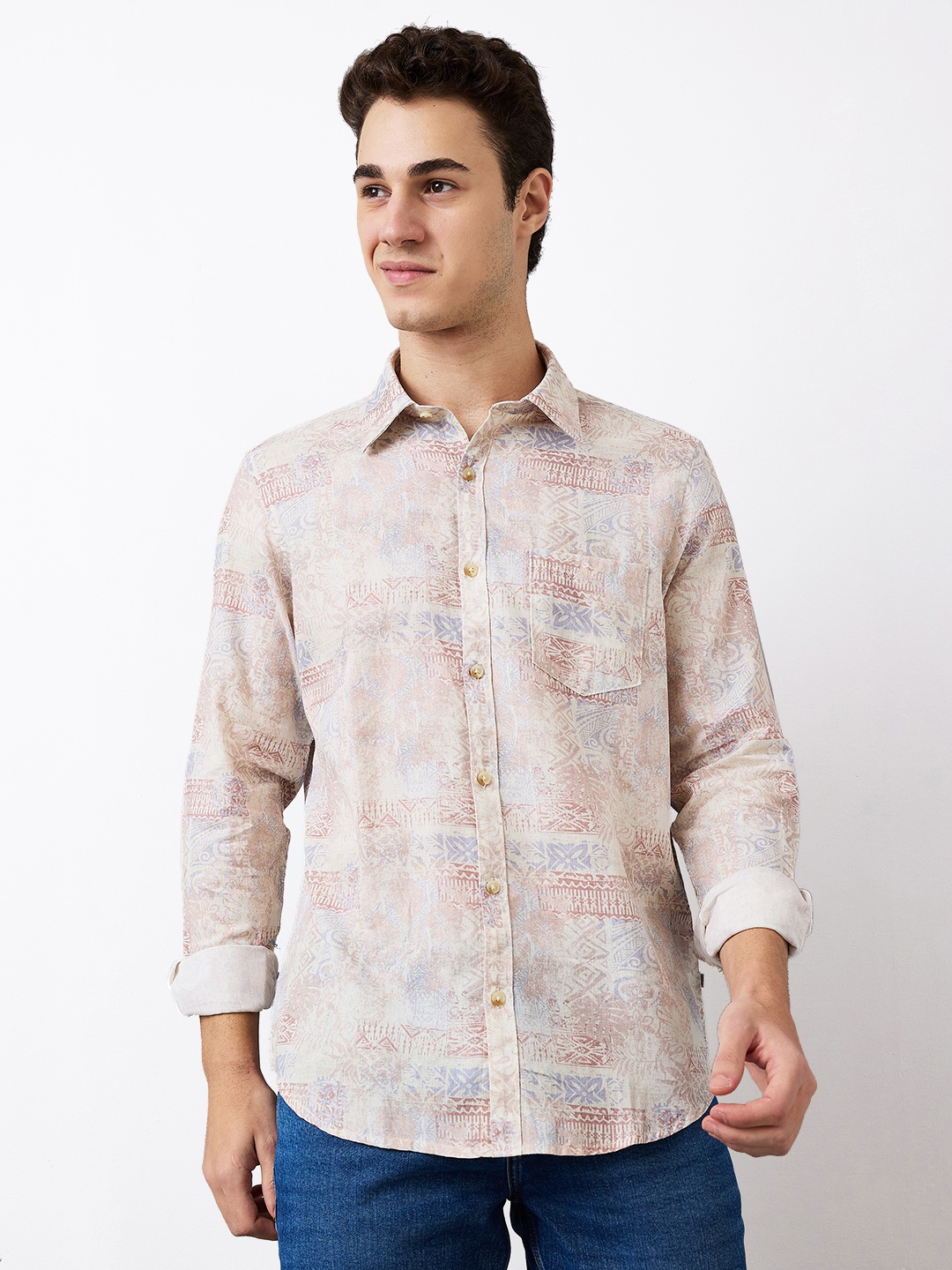 

SPYKAR Men Spread Collar Abstract Printed Cotton Casual Shirt, Beige