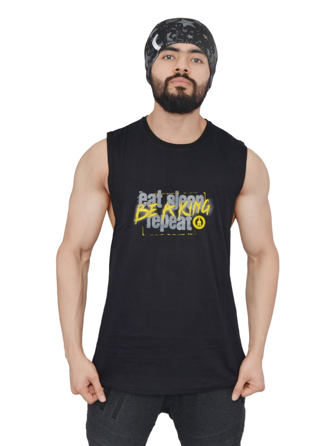 

Anax Aesthetics Graphic Printed Sleeveless Arckon Cutoff Stringer Cotton Gym Vest, Black