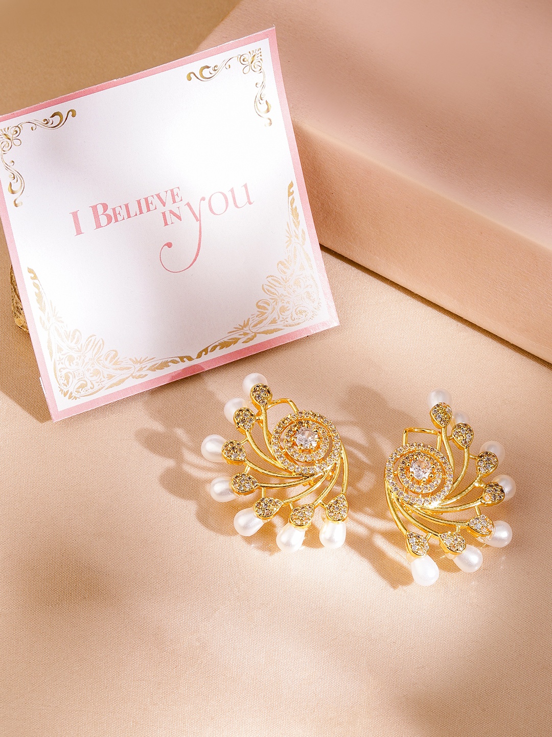 

Rubans Valentine's 22K Gold-Plated CZ Studded Earrings with Pearl Drop Earrings