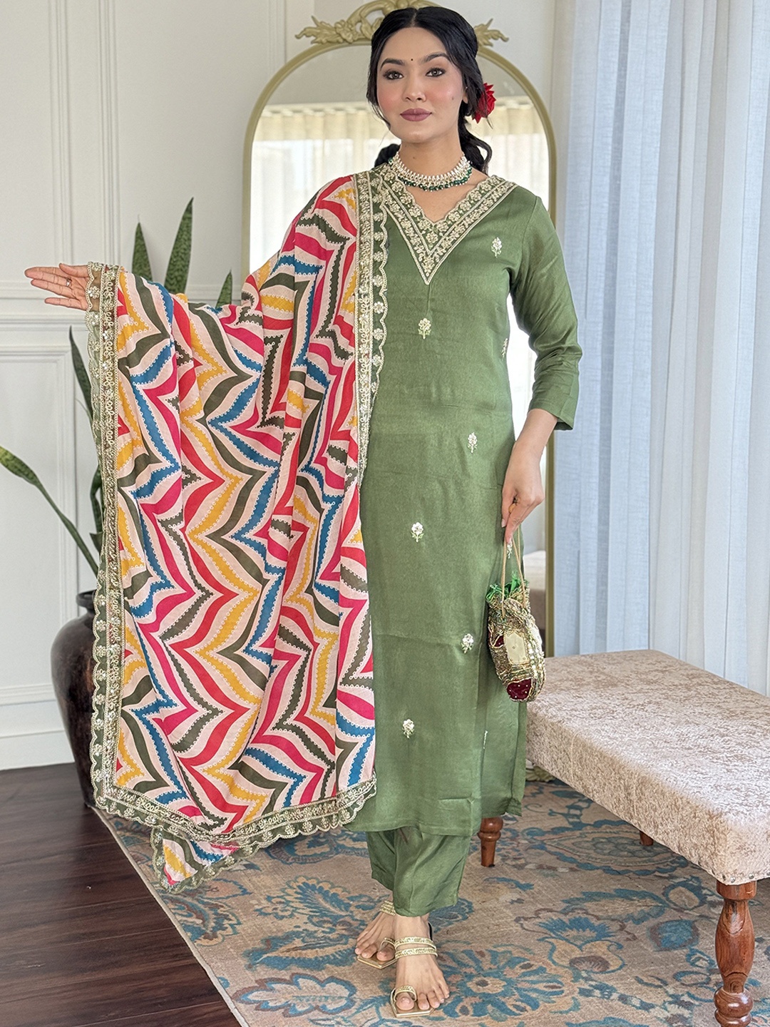 

Navlik Floral Embroidered Straight Kurta With Trouser And Dupatta, Olive