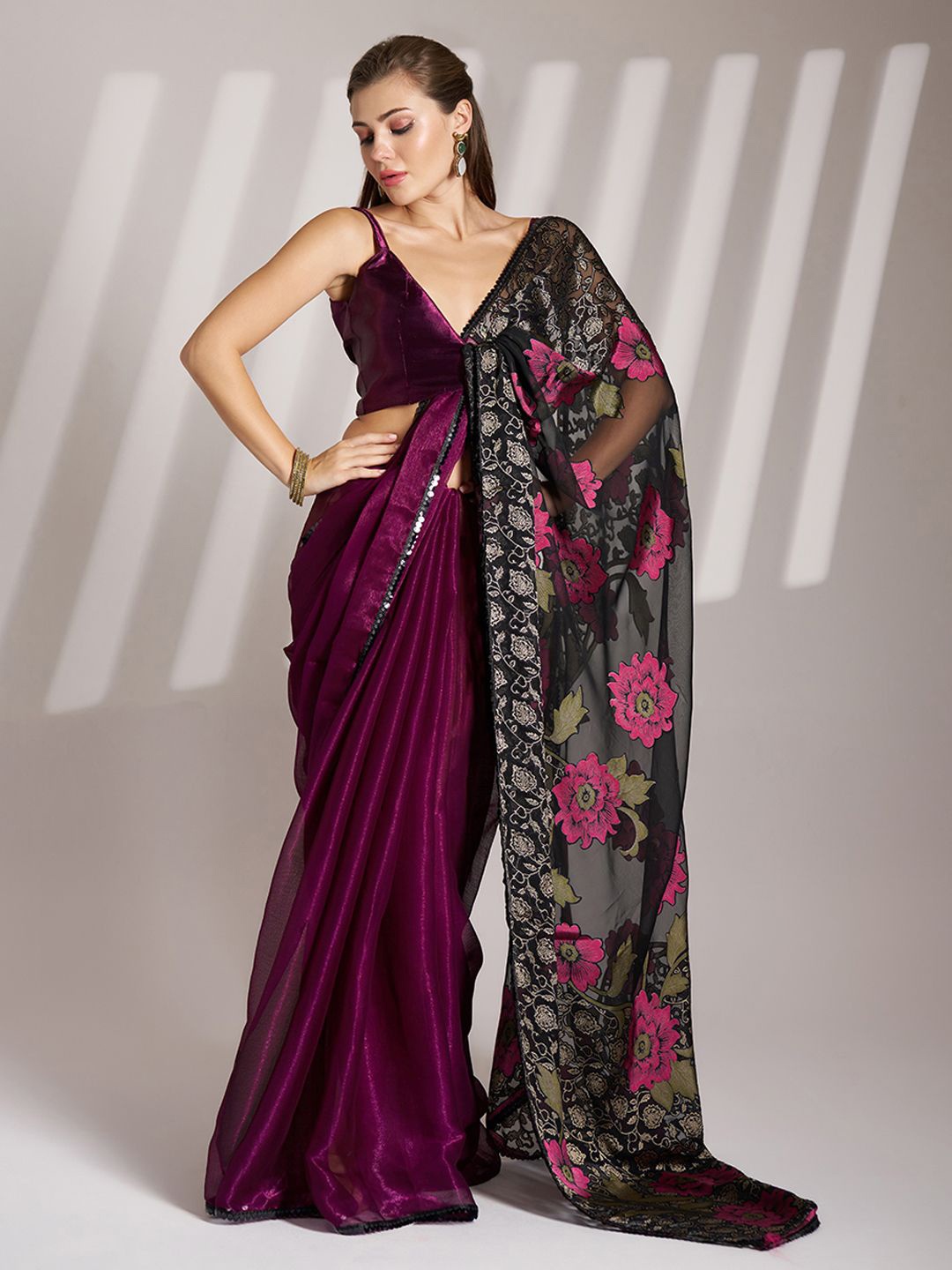 

Kalista Sequinned Brasso Saree, Black