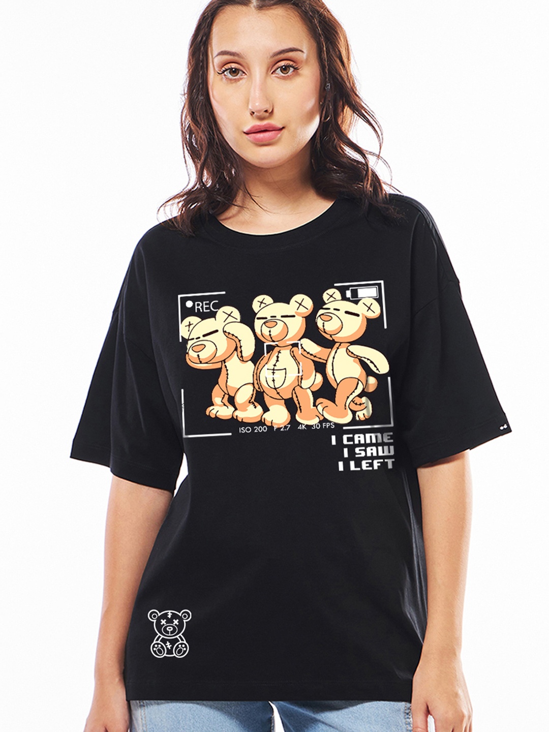 

Bewakoof Women Graphic Printed Round Neck Cotton Oversized T-shirt, Black