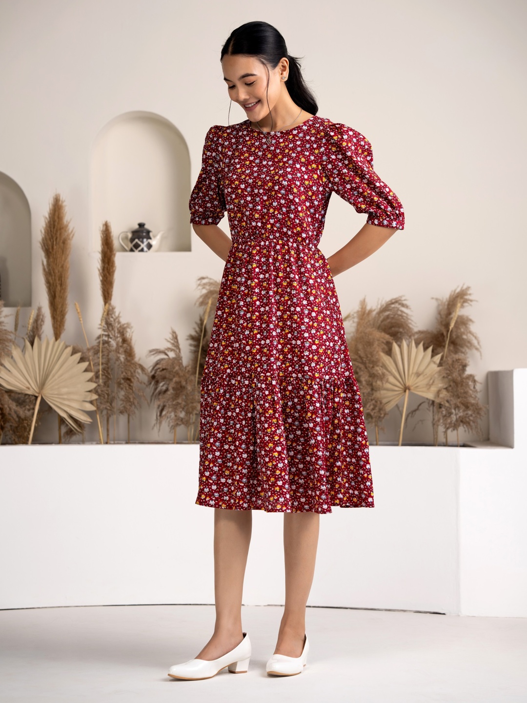 

DressBerry Floral Print Crepe Fit & Flare Dress, Maroon