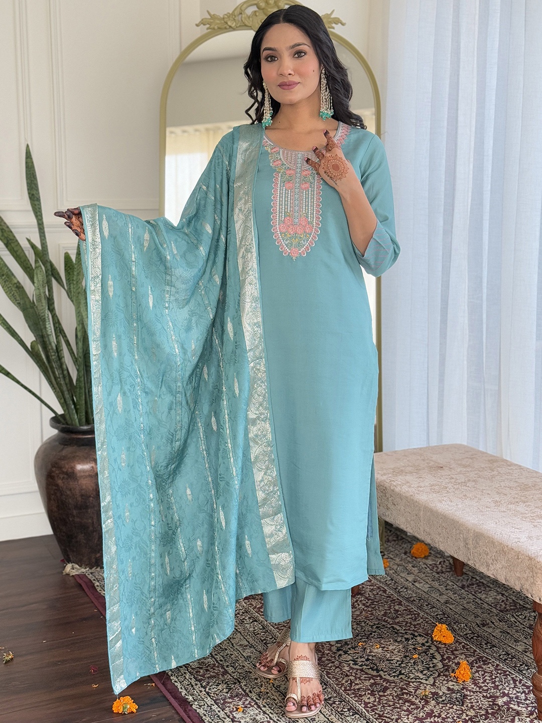 

KALINI Floral Yoke Design Chanderi Silk Straight Kurta With Trousers & Dupatta, Blue