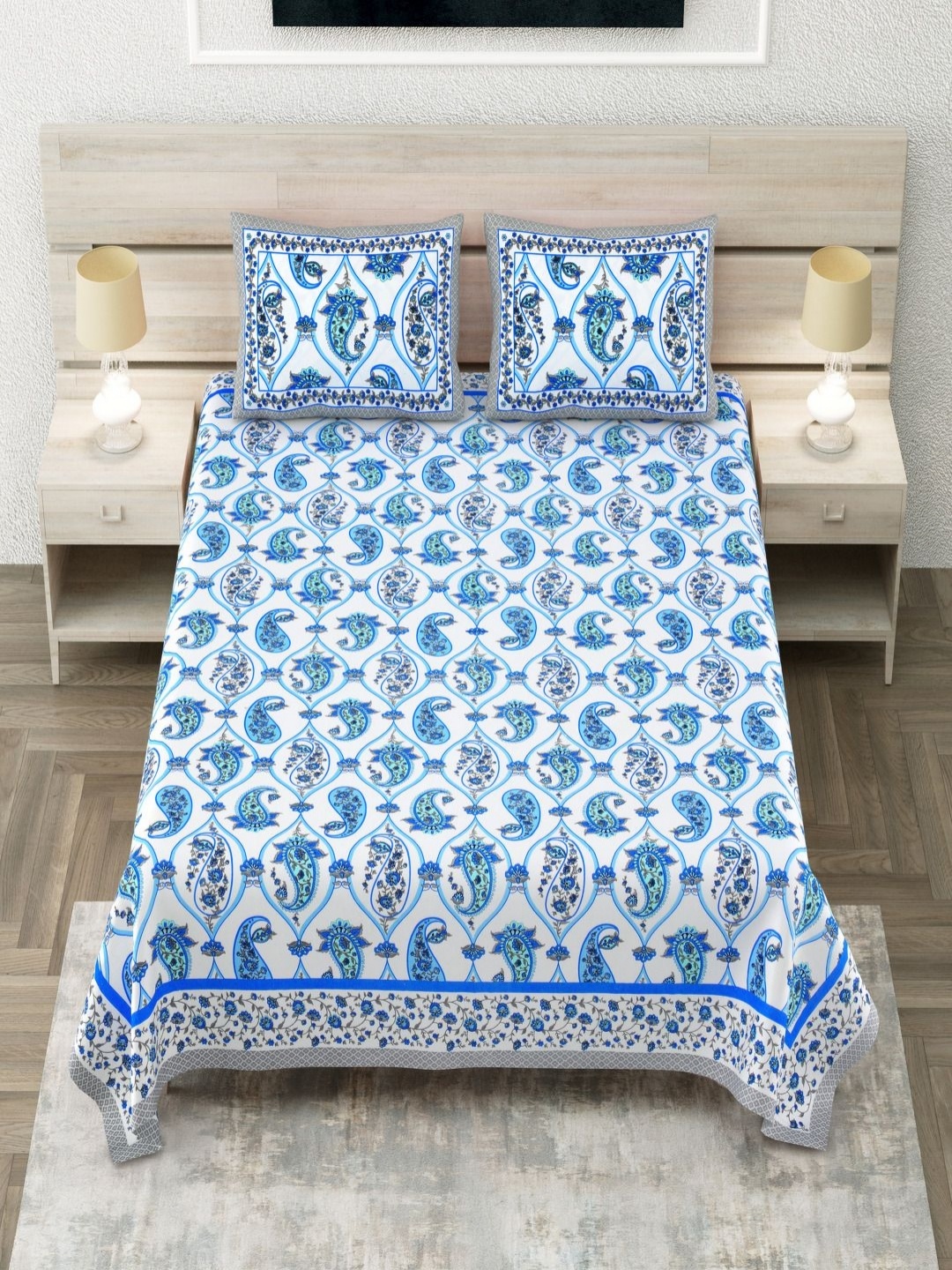 

Aapno Rajasthan Blue Paisley Printed 144 TC Pure Cotton King Bedsheet Set 2.74m x 2.74m