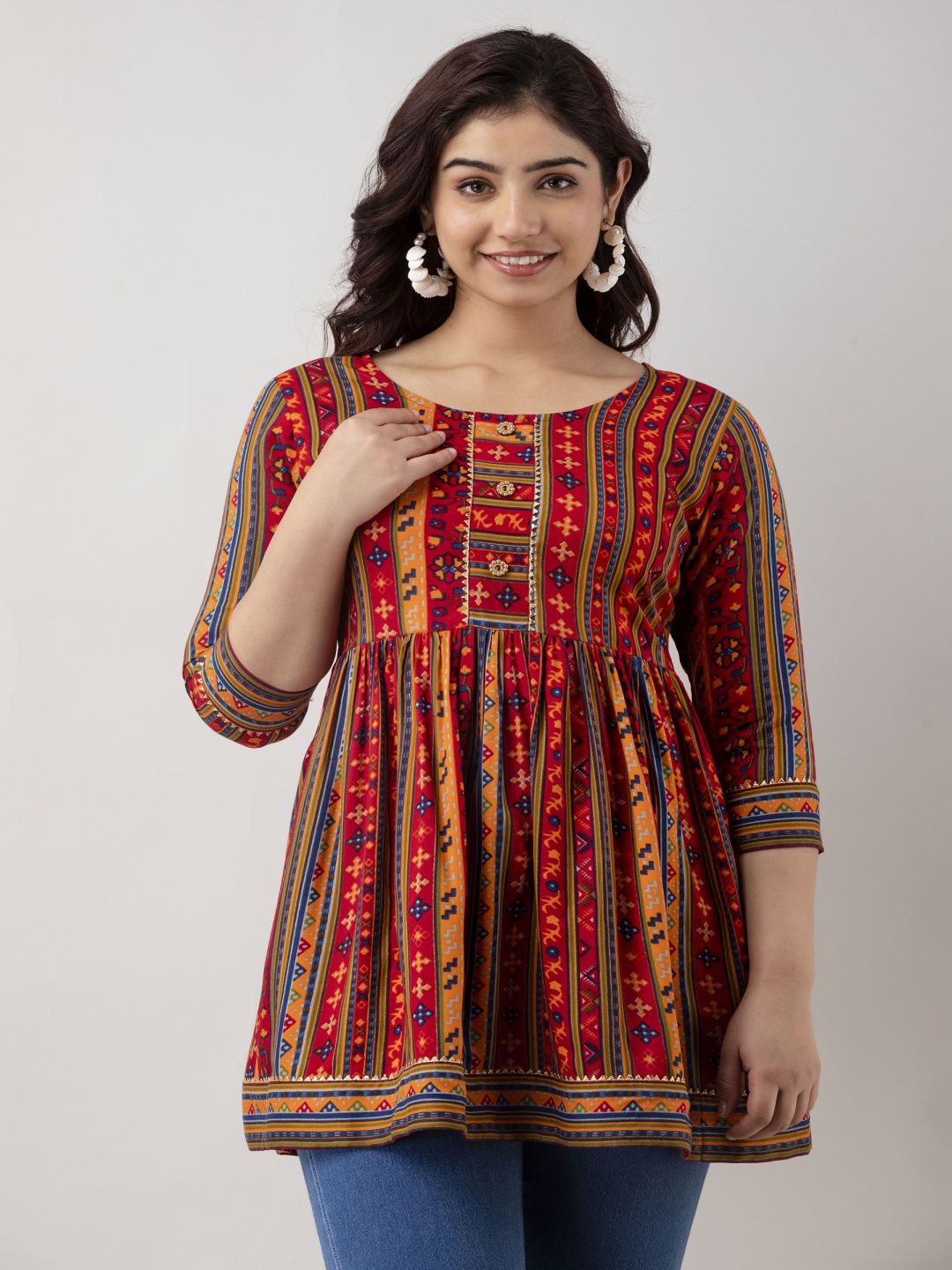 

Tailors Art Women Tribal Printed Gotta Patti Pleated Kurti, Red