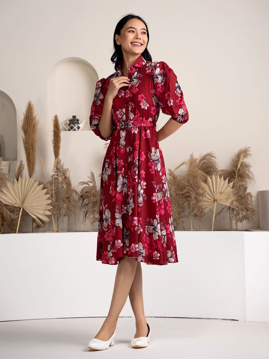 

DressBerry Floral Print Crepe Fit & Flare Dress, Maroon