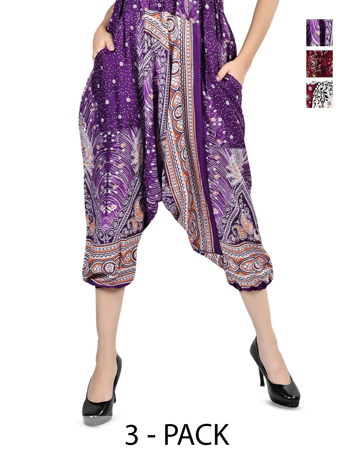 

NarNari Women Pack Of 3 Printed Harem Pants, Purple