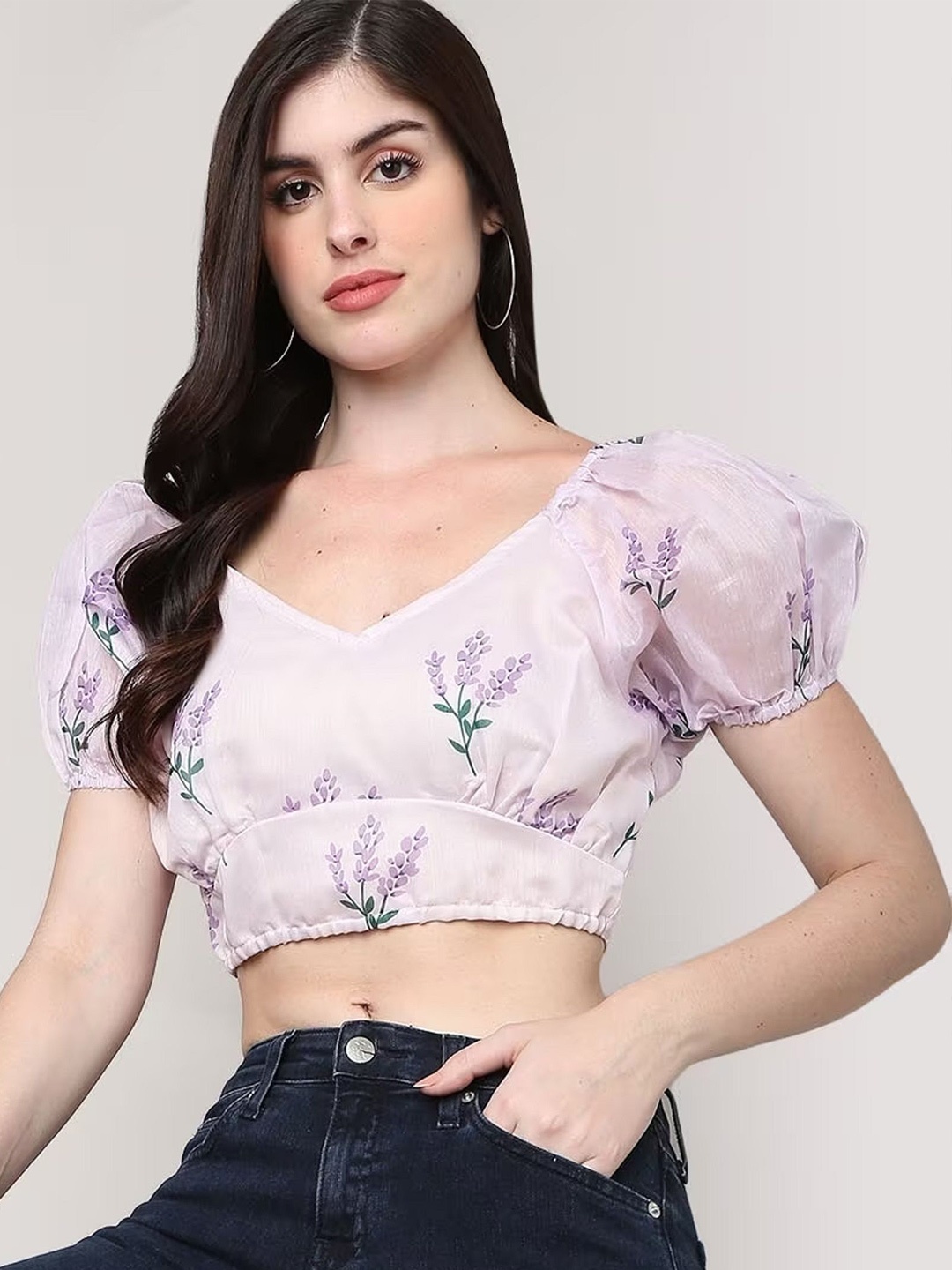

SAKURA Floral Print Puff Sleeve Blouson Crop Top, Lavender