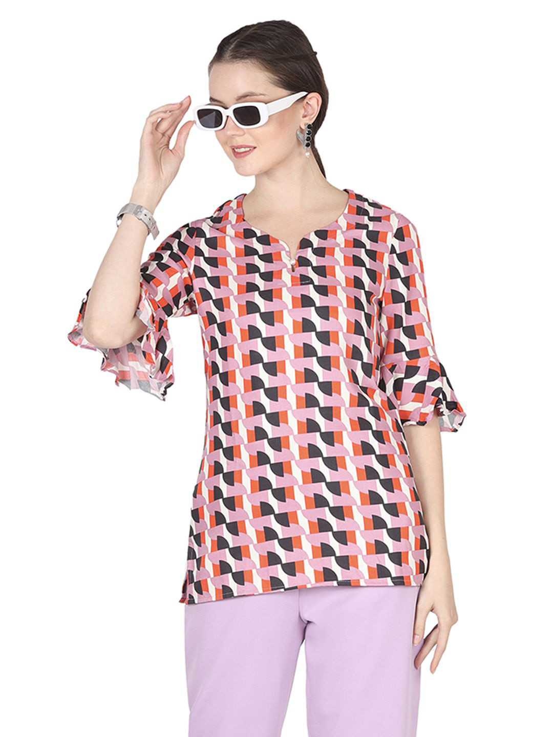 

PRIDEWEAR Women Geometric Printed Bell Sleeve Ruffles Top, Pink