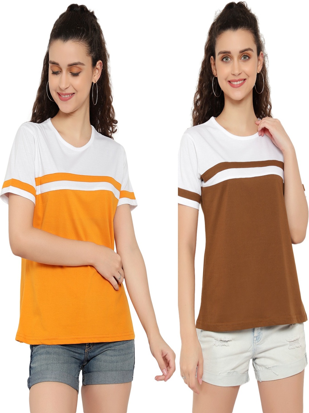 

DEEPMAYRA COLLECTION Women Pack Of 2 Colourblocked Round Neck Cotton T-shirts, Multi