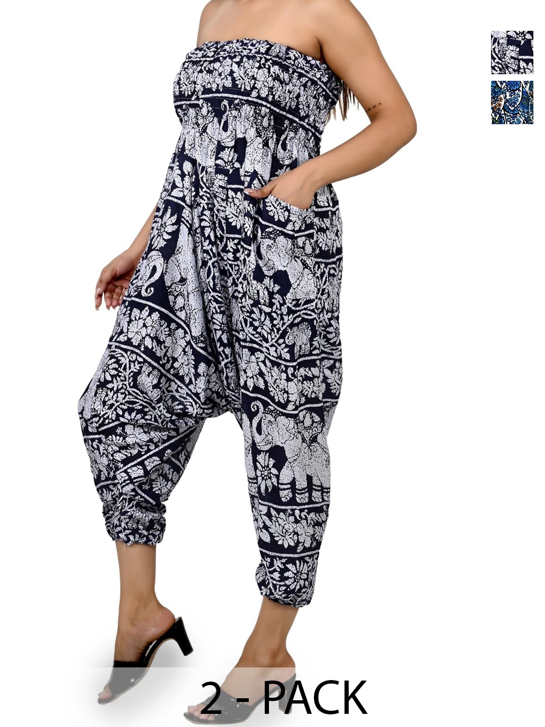 

NarNari Women Pack Of 3 Printed Mid-Rise Harem Pants, Blue