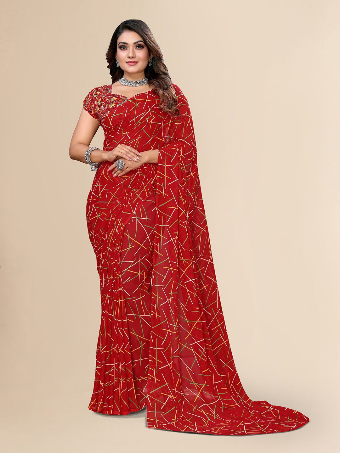 

Moda Rapido Printed Poly Georgette Saree, Red