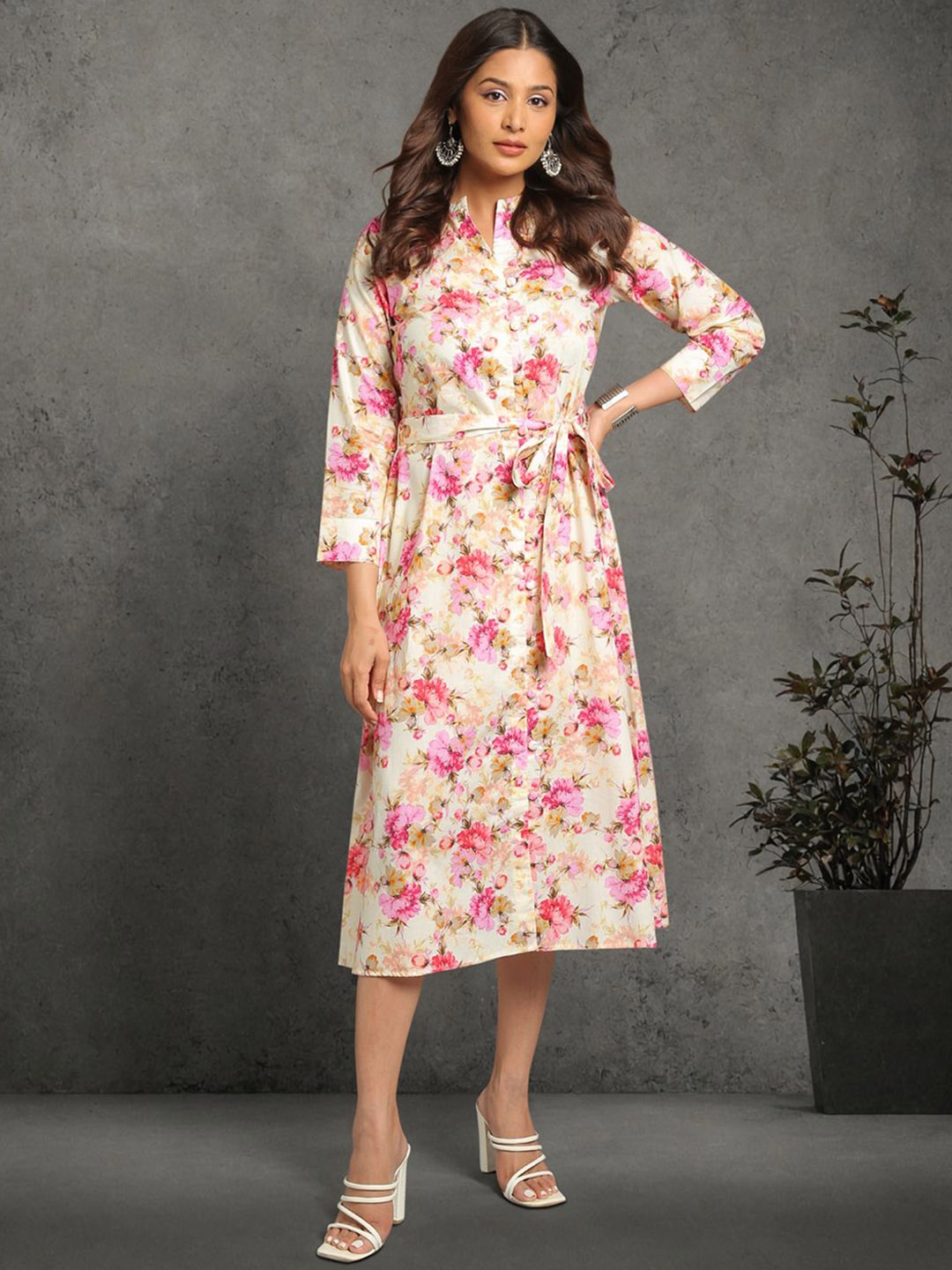 

Tissu Women Floral Printed Mandarin Collar Pure Cotton A-Line Midi Dress, Yellow