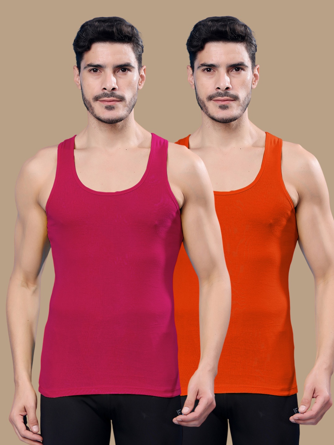 

Friskers Men Pack Of 2 Cotton Ribbed Gym Vest 24012025R-07-08, Pink