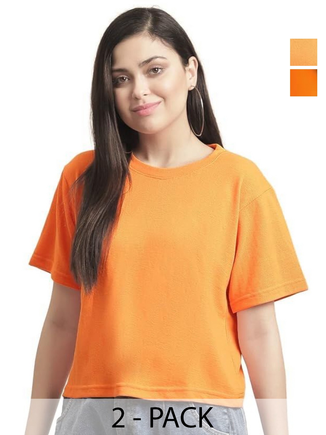 

NOTWILD Women Pack Of 2 Solid Cotton Relaxed Fit T-shirts, Orange