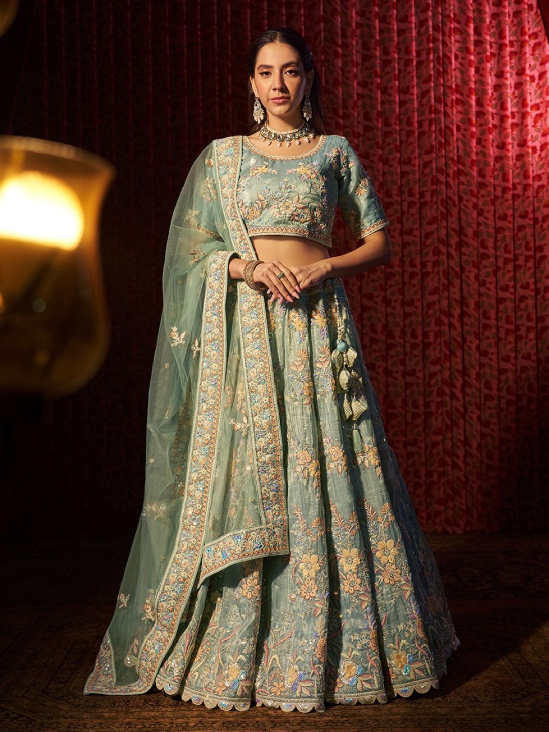 

ODETTE Embroidered Beads and Stones Organza Semi-Stitched Lehenga Choli, Blue