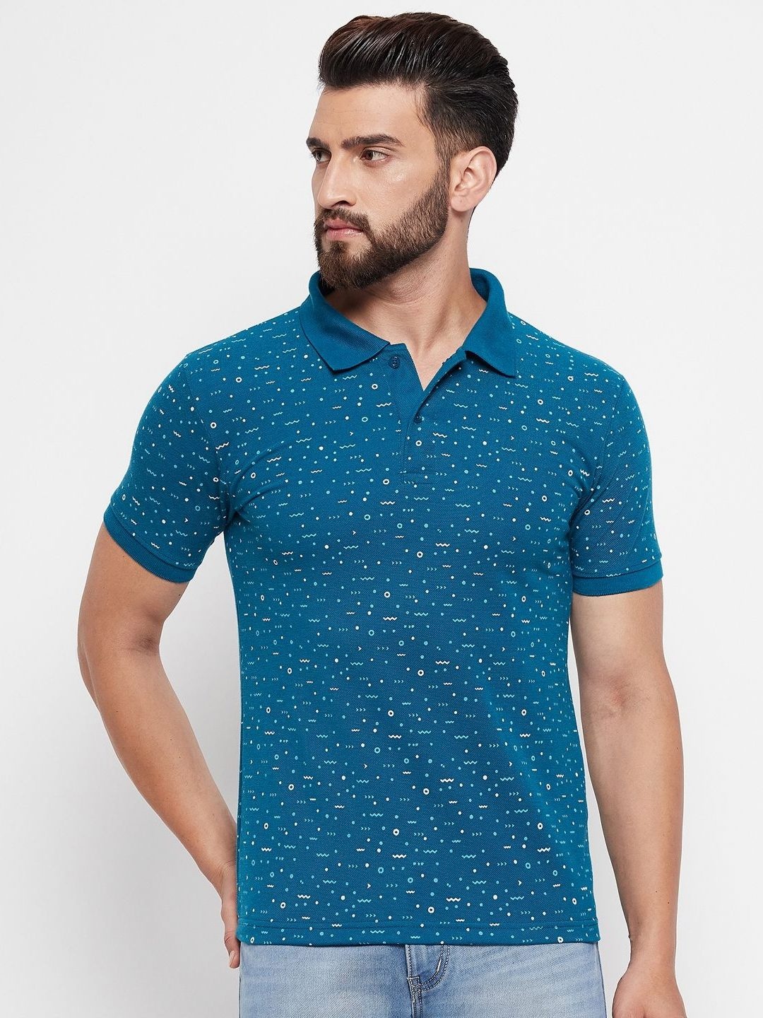 

NYKER Men Printed Polo Collar Pockets T-shirt, Teal