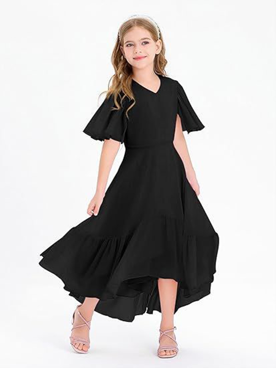 

R Cube Puff Sleeve Ruffled Georgette Fit & Flare Dress, Black