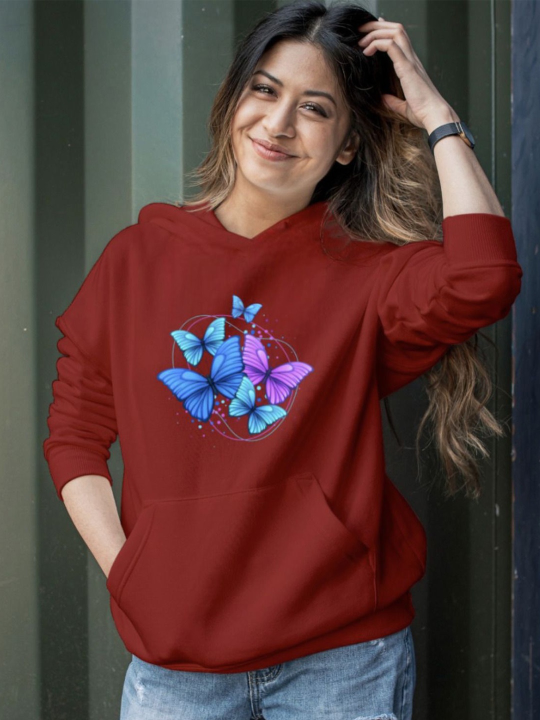 

KASHIAN Women Printed Hooded Sweatshirt, Maroon