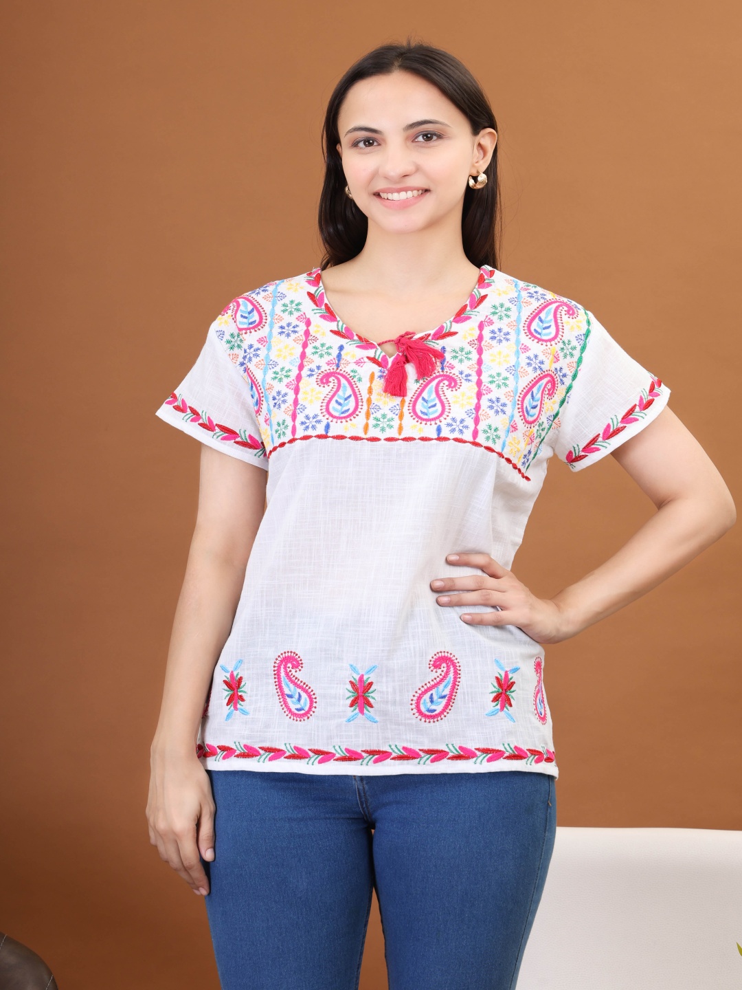 

Moda Rapido Women Floral Embroidered Flared Sleeves Pure Cotton Kurti, White
