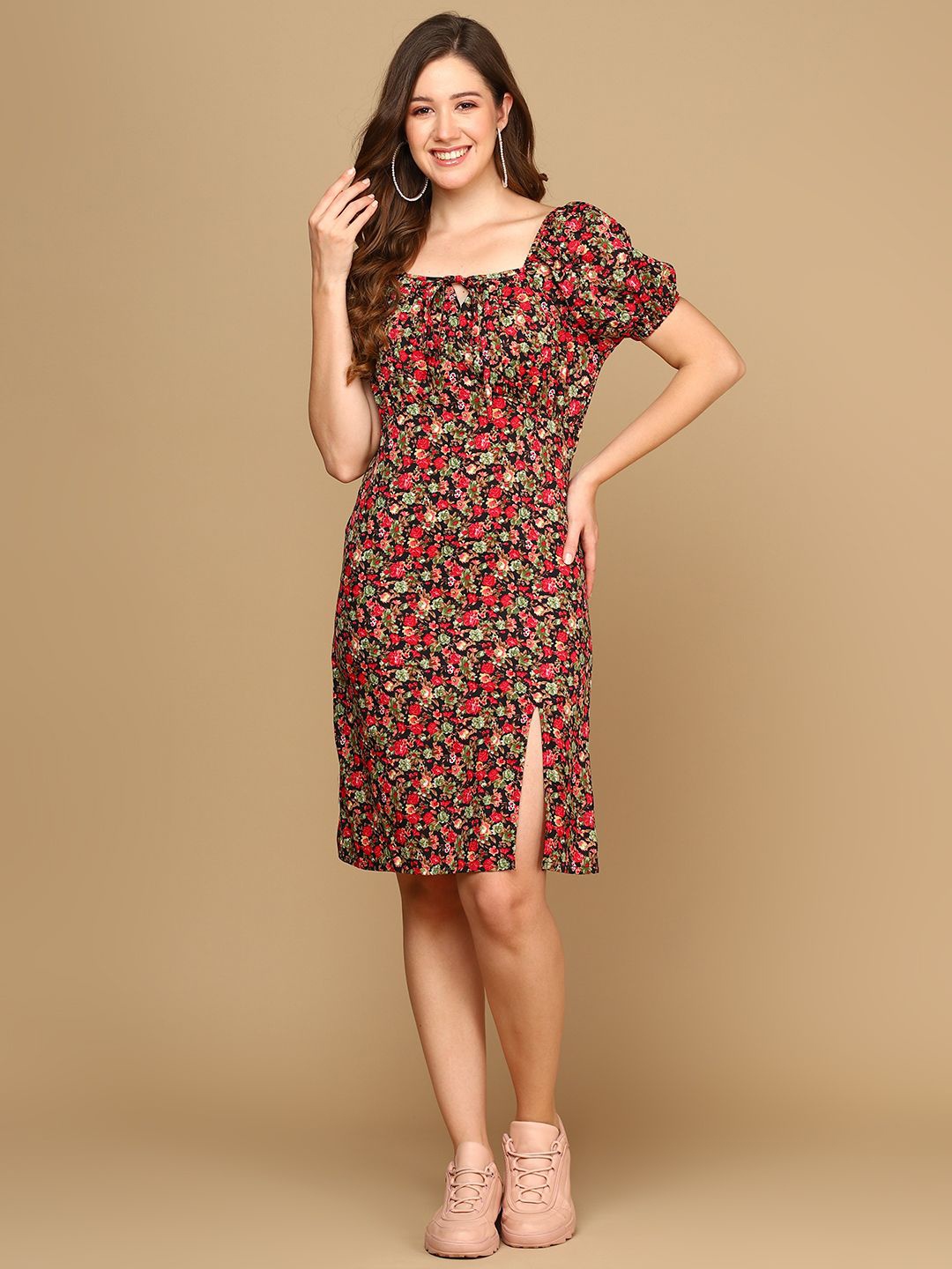 

MISS HAUTE Floral Print Puff Sleeve Crepe Sheath Dress, Multi