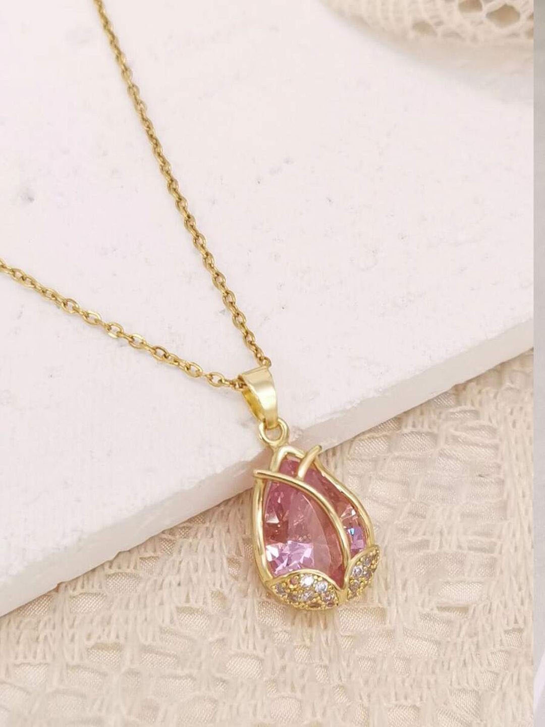 

BEYTER Cubic Zirconia Stone Studded Pendant With Chain, Gold