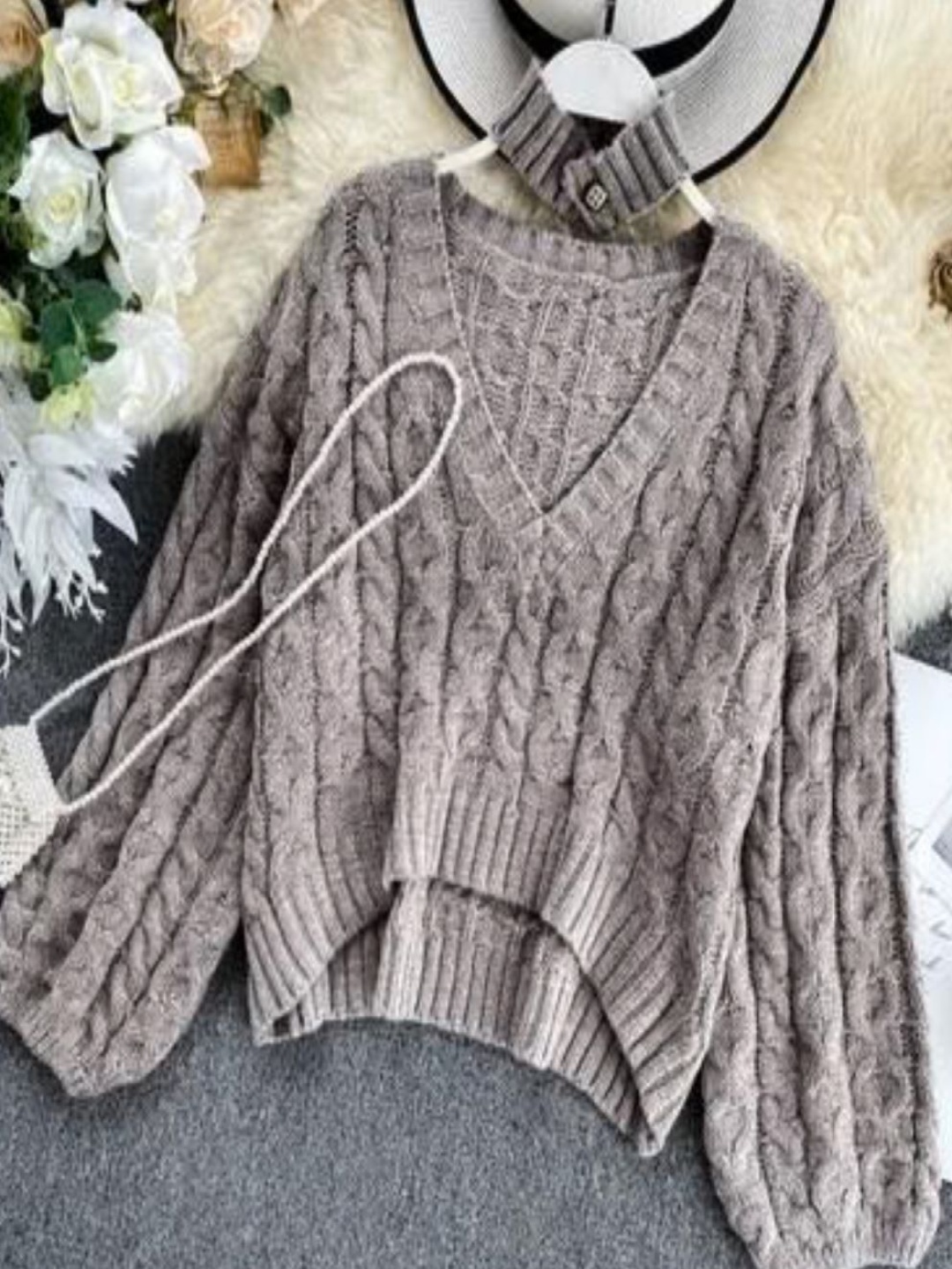 

MADE FOR HER LABEL Women Cable Knit Woollen Crop Pullover with Chocker, Grey