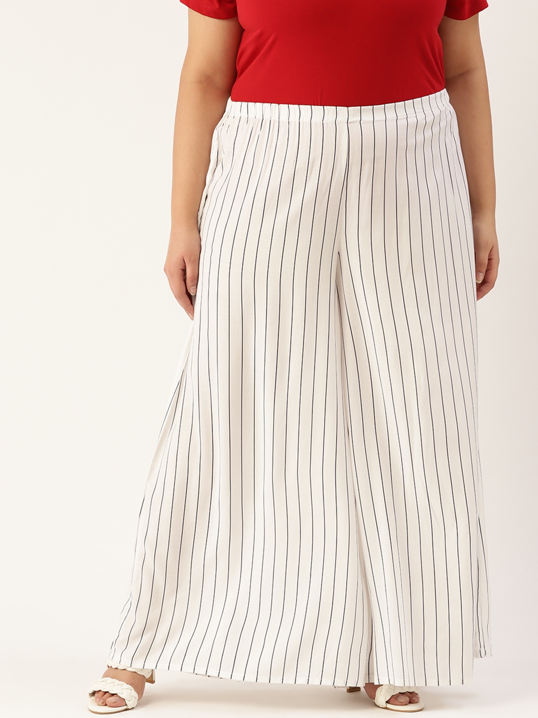 

theRebelinme Women Plus Size Striped Slip-On Palazzos, White