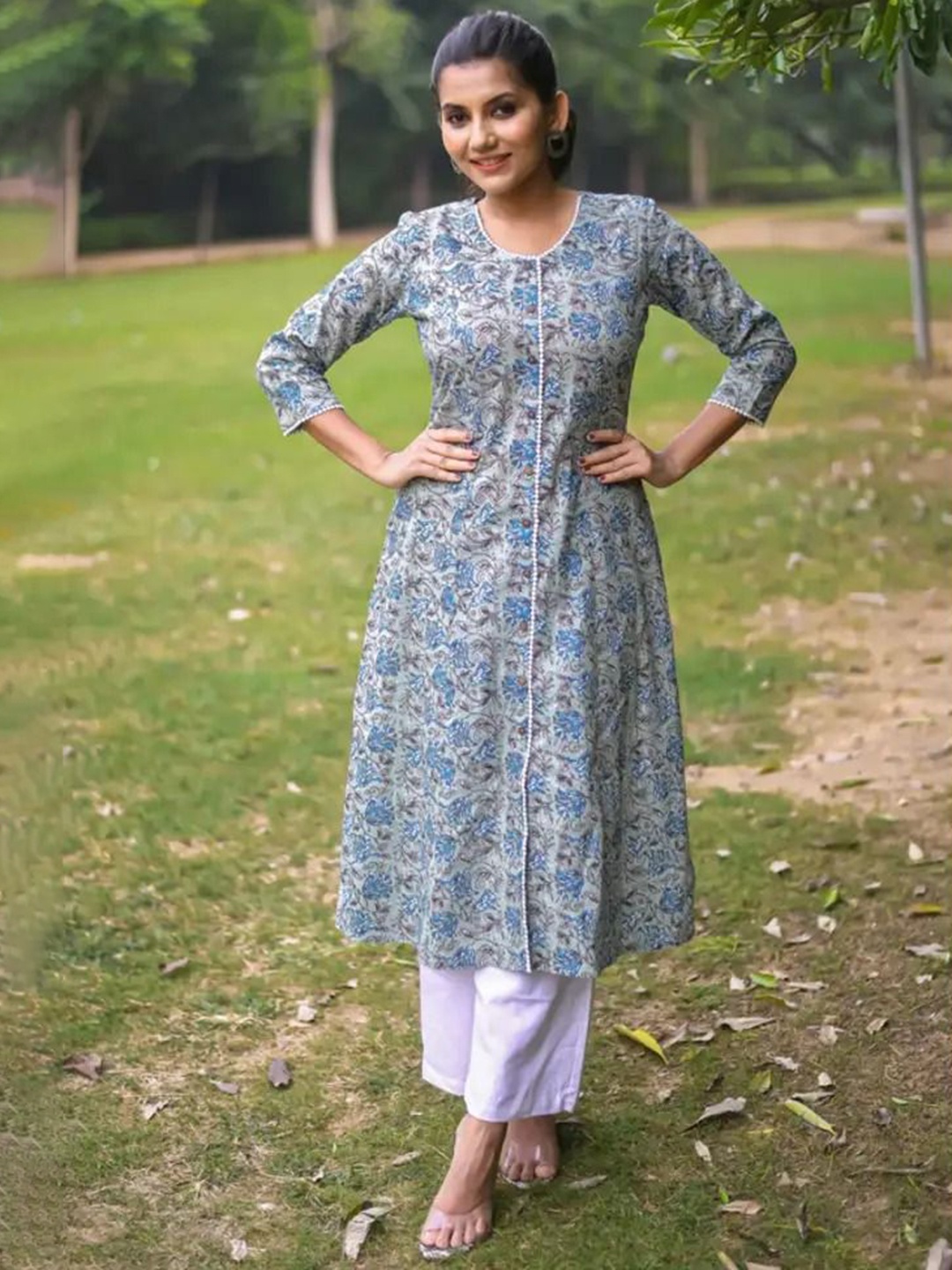 

Vivika Floral Printed Cotton A-Line Kurta, White