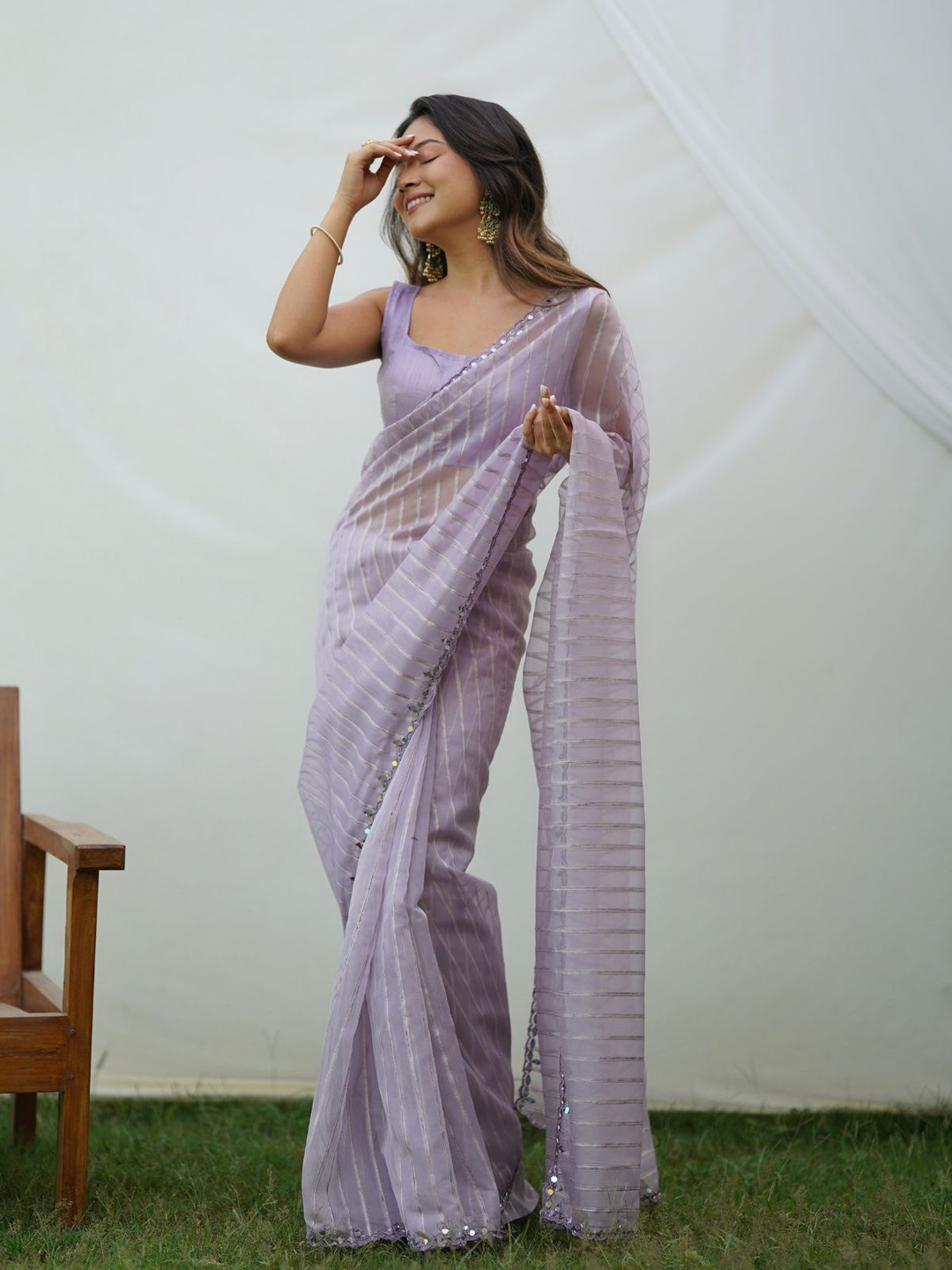 

ODETTE Striped Mirror Work Organza Saree, Lavender