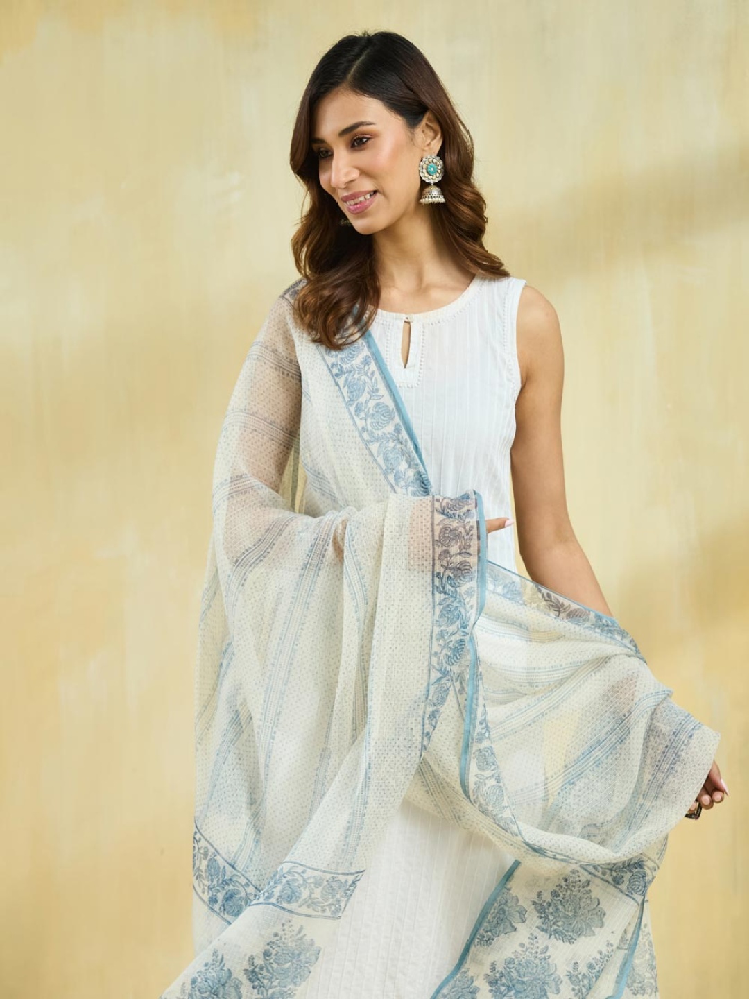 

Fabindia Floral Printed Block Print Technique Cotton Silk Dupatta, White