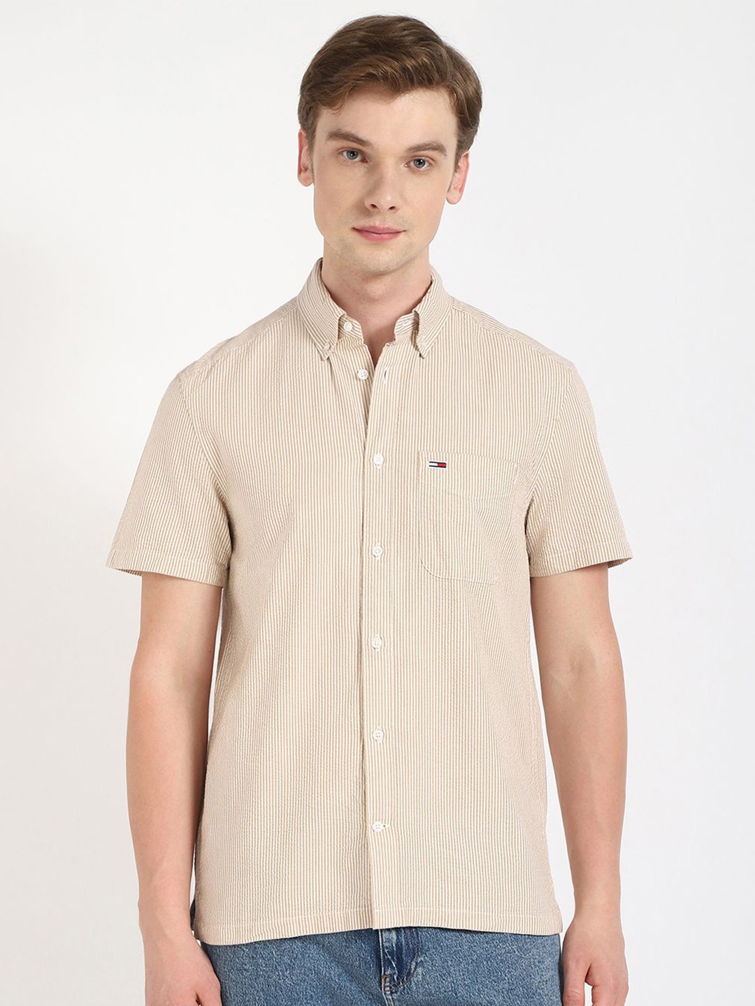 

Tommy Hilfiger Men Relaxed Fit Button-Down Collar Vertical Striped Cotton Casual Shirt, Beige