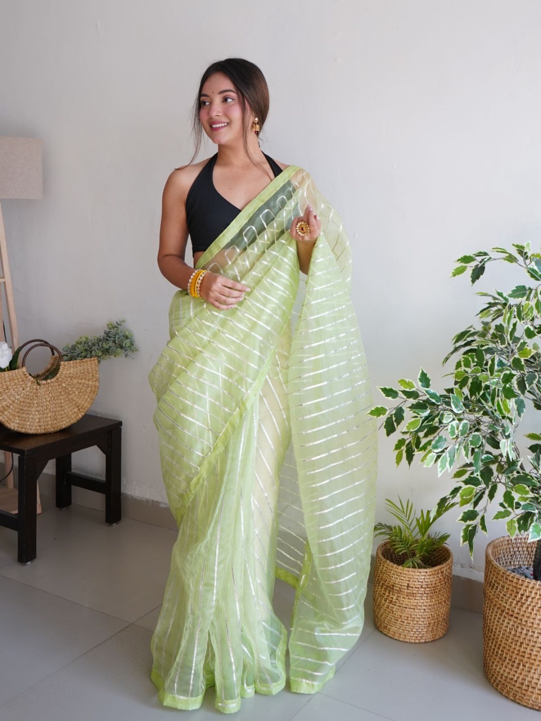 

ODETTE Striped Embroidered Organza Saree, Green