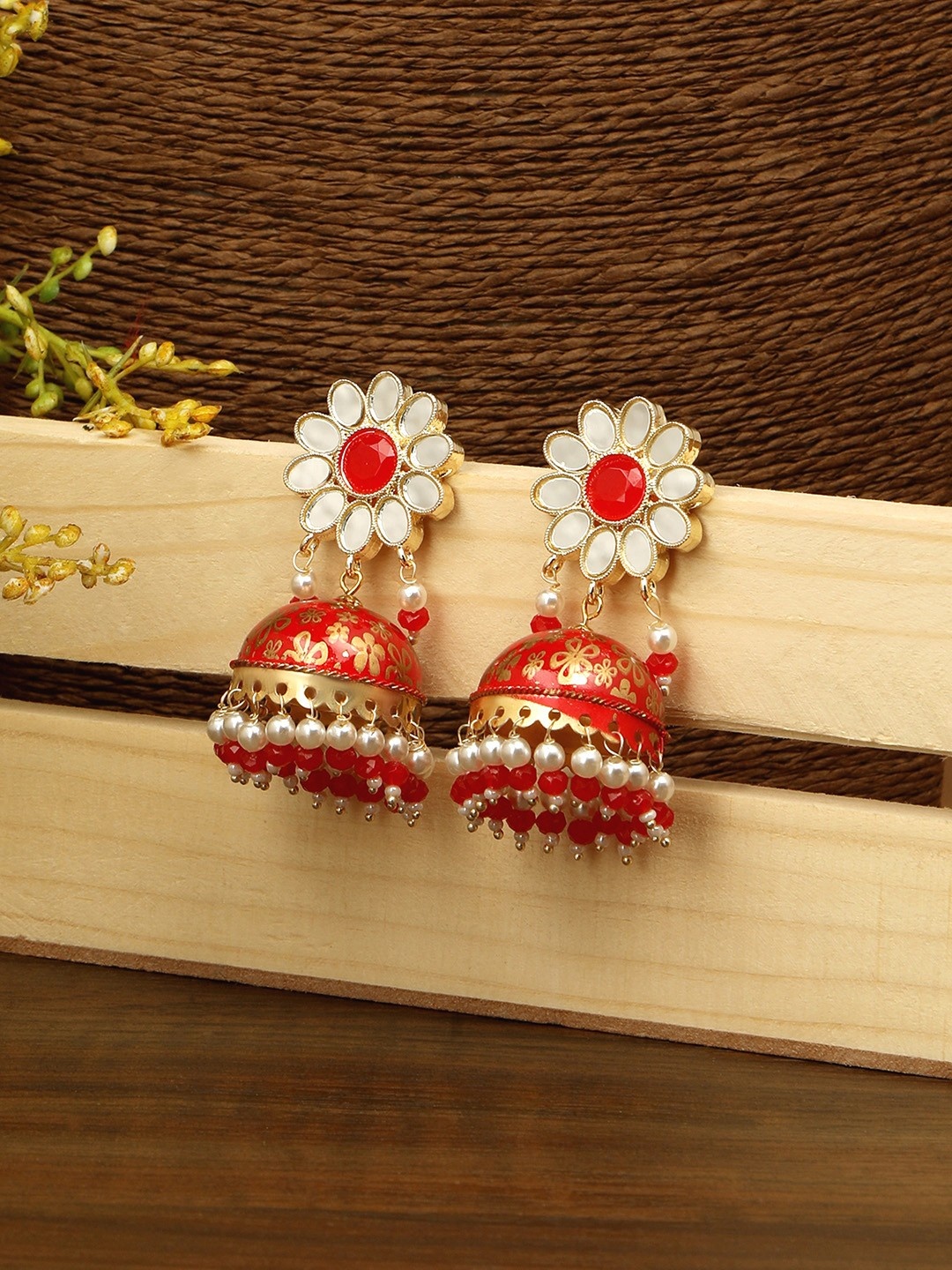 

Anouk Red White Gold-Plated Pearls Beaded Dome Shaped Jhumkas